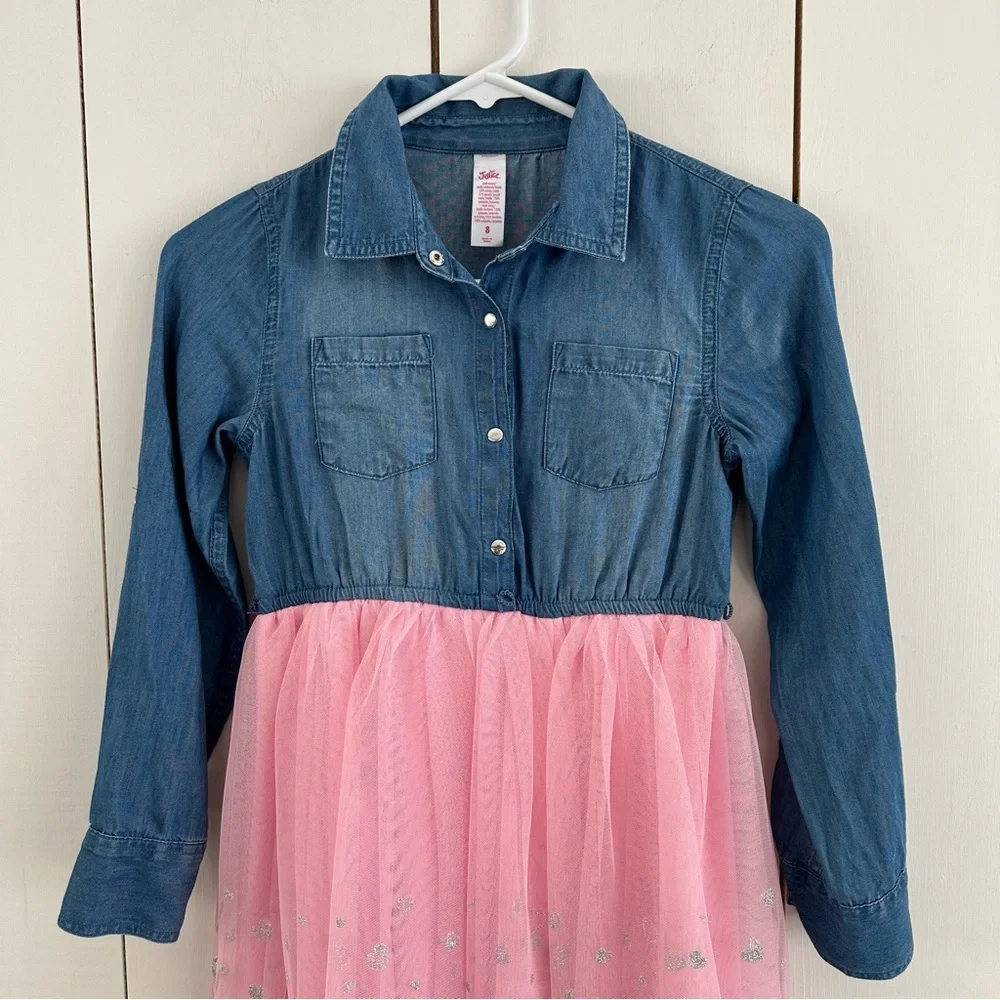 Girls Justice Denim Tulle Dress Sz 8 Sparkle Hearts Long Sleeve